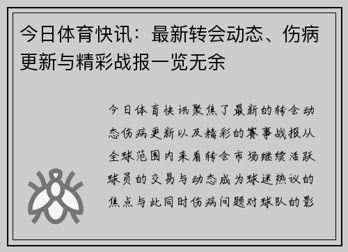 今日体育快讯：最新转会动态、伤病更新与精彩战报一览无余