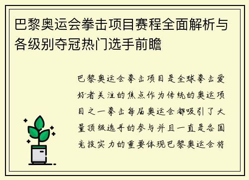 巴黎奥运会拳击项目赛程全面解析与各级别夺冠热门选手前瞻